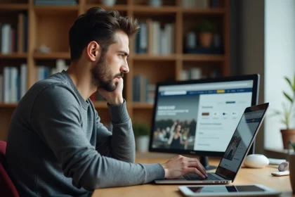 Homme sceptique devant un ordinateur affichant plusieurs noms de sites web différents, illustrant la confusion liée aux changements de nom de Yakriv