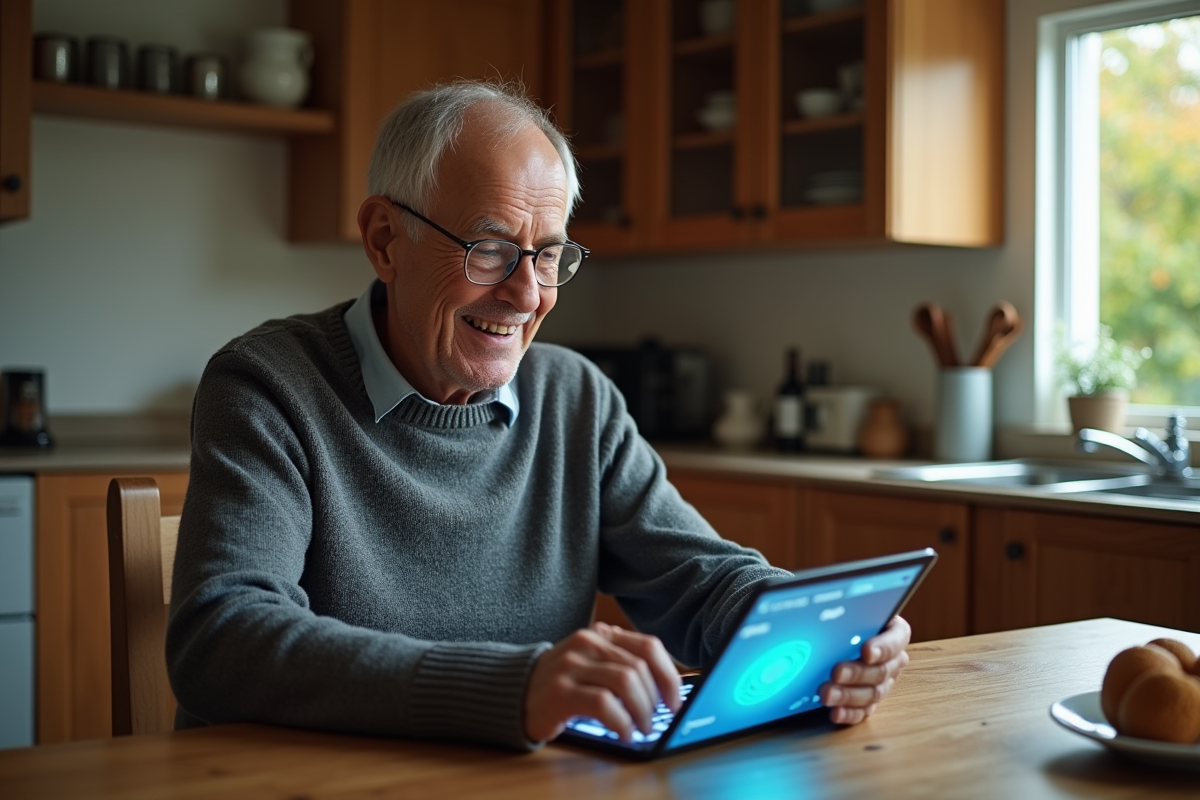 Homme âgé utilisant un scanner biométrique sur une tablette à la maison