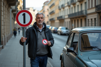 Homme regardant un panneau de ville avec sticker Critair 1