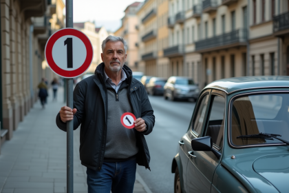 Homme regardant un panneau de ville avec sticker Critair 1