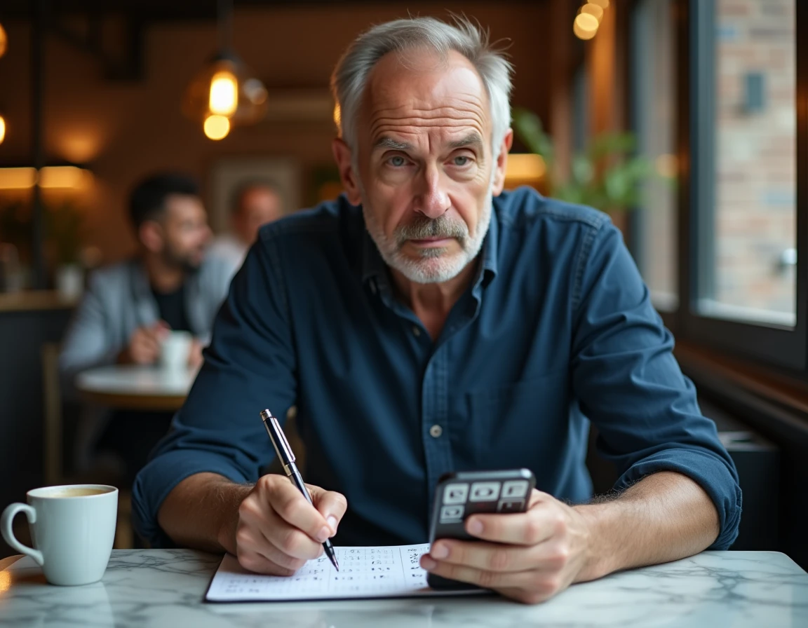 Homme analysant une stratégie pour Sutom avec un smartphone et des notes manuscrites dans un café parisien