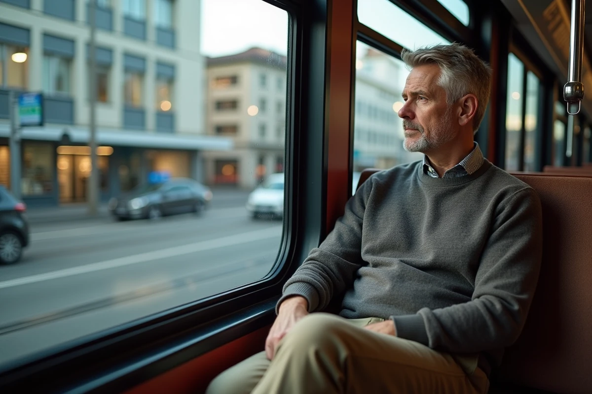 Homme regardant par la fenêtre du tramway T2 traversant le quartier Confluence à Lyon un dimanche