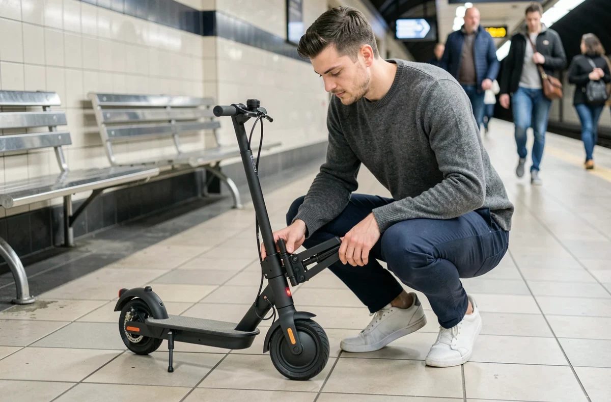 Homme inspectant une trottinette électrique pliée sur un quai de métro, ambiance urbaine réaliste, focus sur le mécanisme de pliage