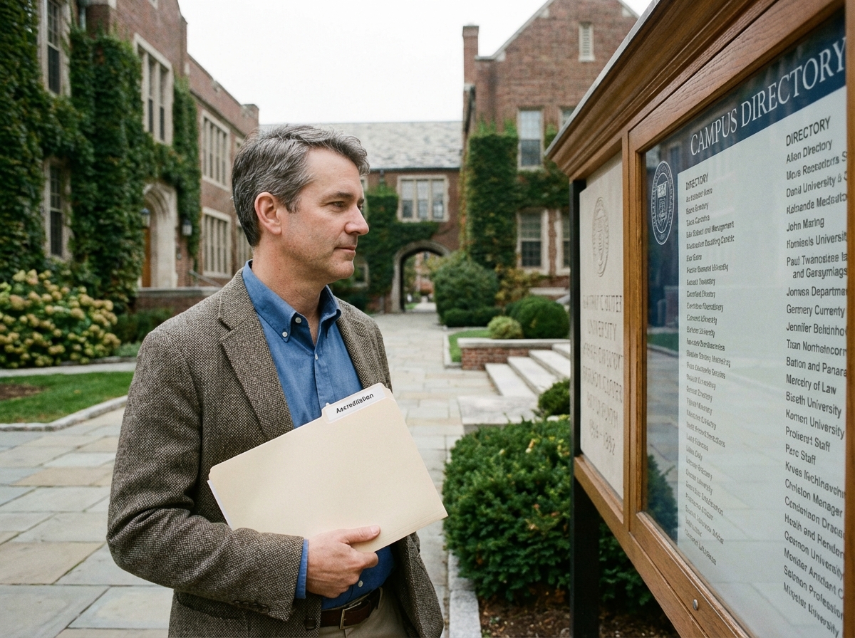 Homme d age devant l universite avec dossier accreditation