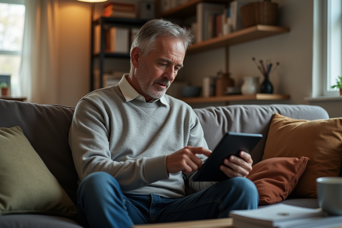 Homme en vidéo appel dans son salon avec objets familiaux