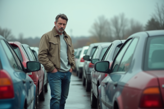 Homme d'âge moyen inspectant une voiture d'occasion en concession