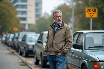 Homme pensif à côté de voitures diesel anciennes avec panneau 2030 ban