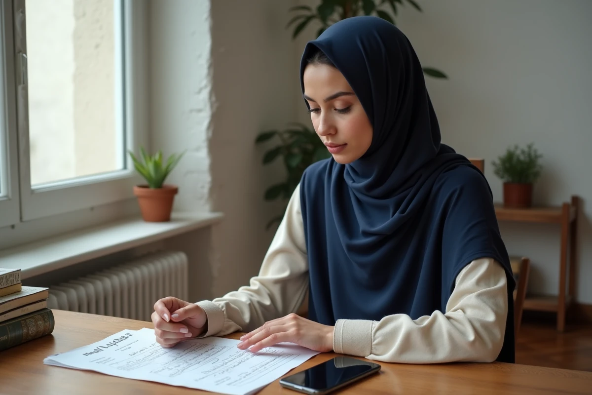 Femme musulmane consultant les horaires de prière sur une application et un tableau imprimé à son bureau