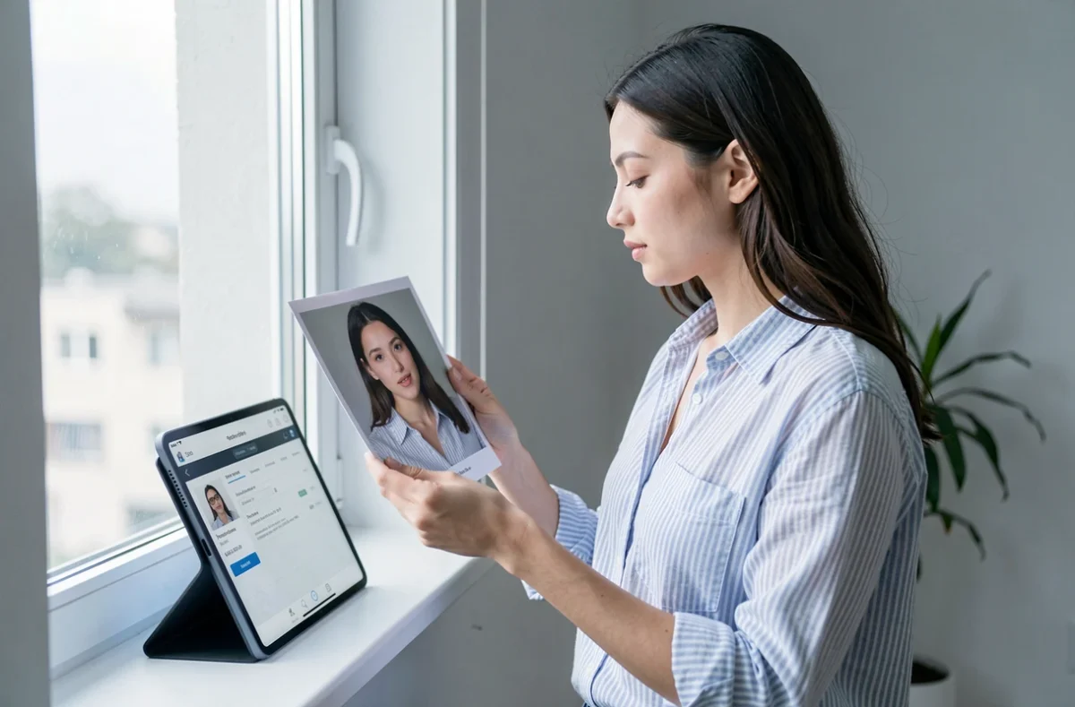 Jeune femme comparant une photo imprimée à des résultats de recherche faciale sur une tablette pour identifier une personne gratuitement