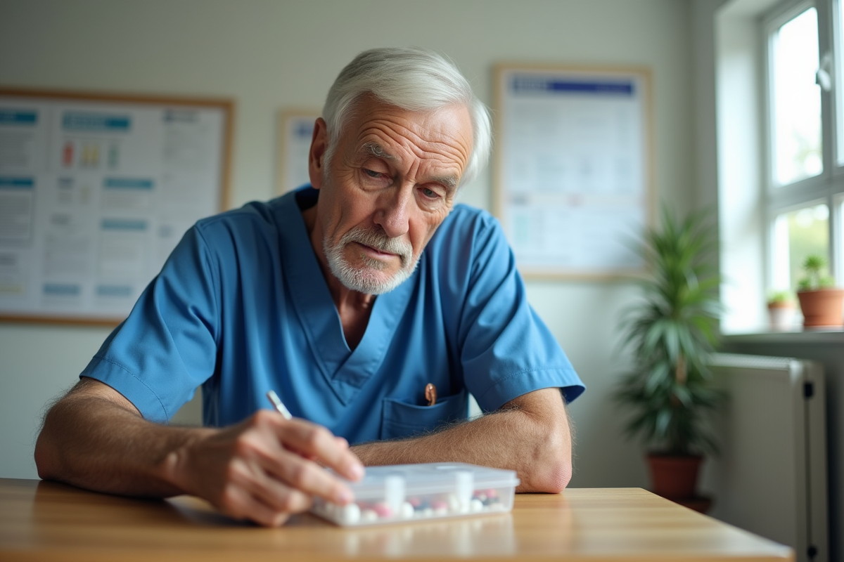 Infirmier en blouse bleue prépare pilulier dans un bureau médical
