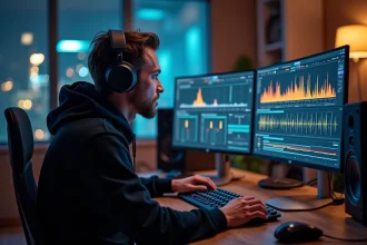 Ingénieur son homme en studio avec casque monitoring