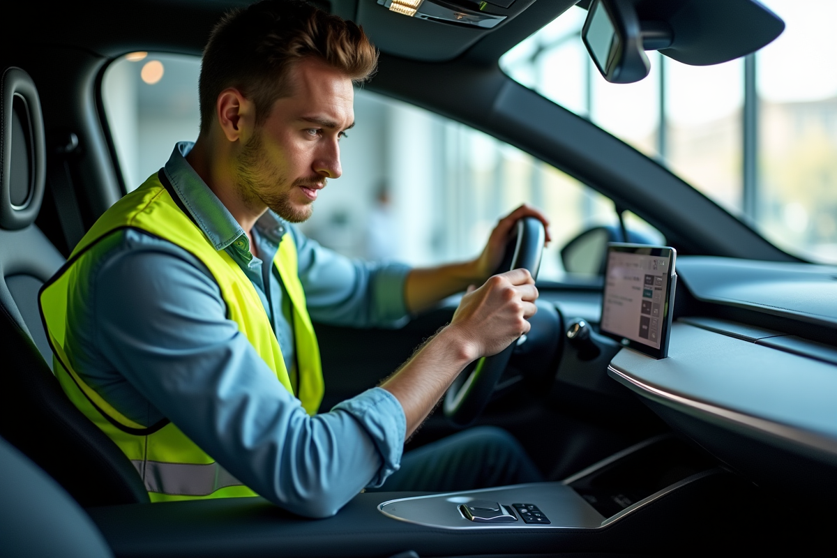 Jeune ingénieur automobile inspectant un tableau de bord