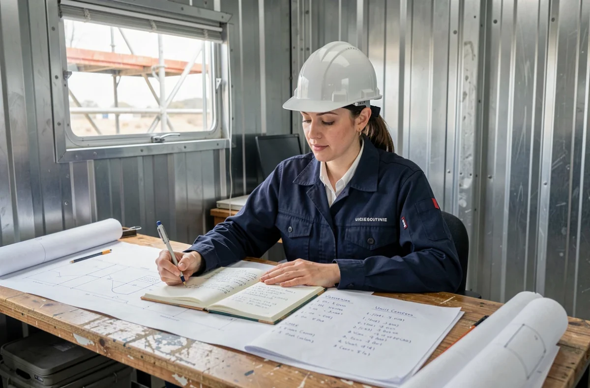 Ingénieure en bâtiment utilisant un tableau de conversion de volumes sur un chantier de construction