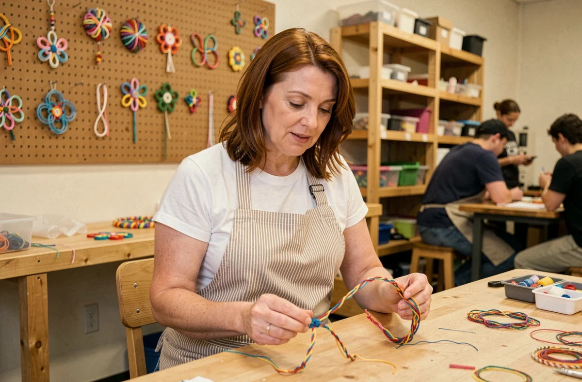 Femme instructrice comparant deux scoubidous fleur côte à côte dans un atelier de loisirs créatifs, montrant la différence entre une erreur et une réalisation réussie