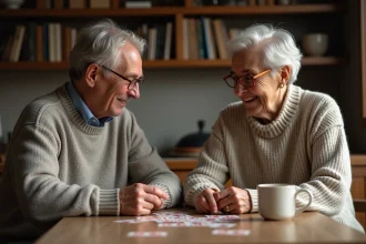 Couple jouant à la belote dans une cuisine chaleureuse