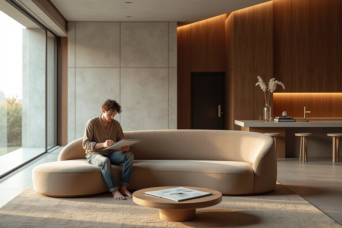 Jeune designer esquissant dans un studio moderne et minimaliste