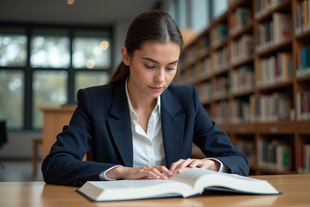 Jeune étudiante en droit lit un code civil dans une bibliothèque