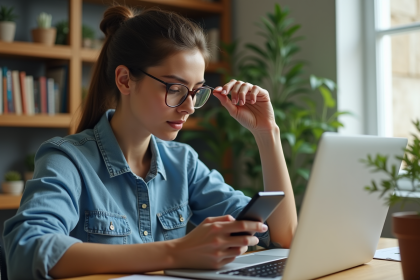 Jeune femme au bureau avec smartphone et ordinateur