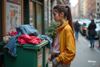 Jeune femme devant une benne à vêtements en ville