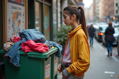 Jeune femme devant une benne à vêtements en ville