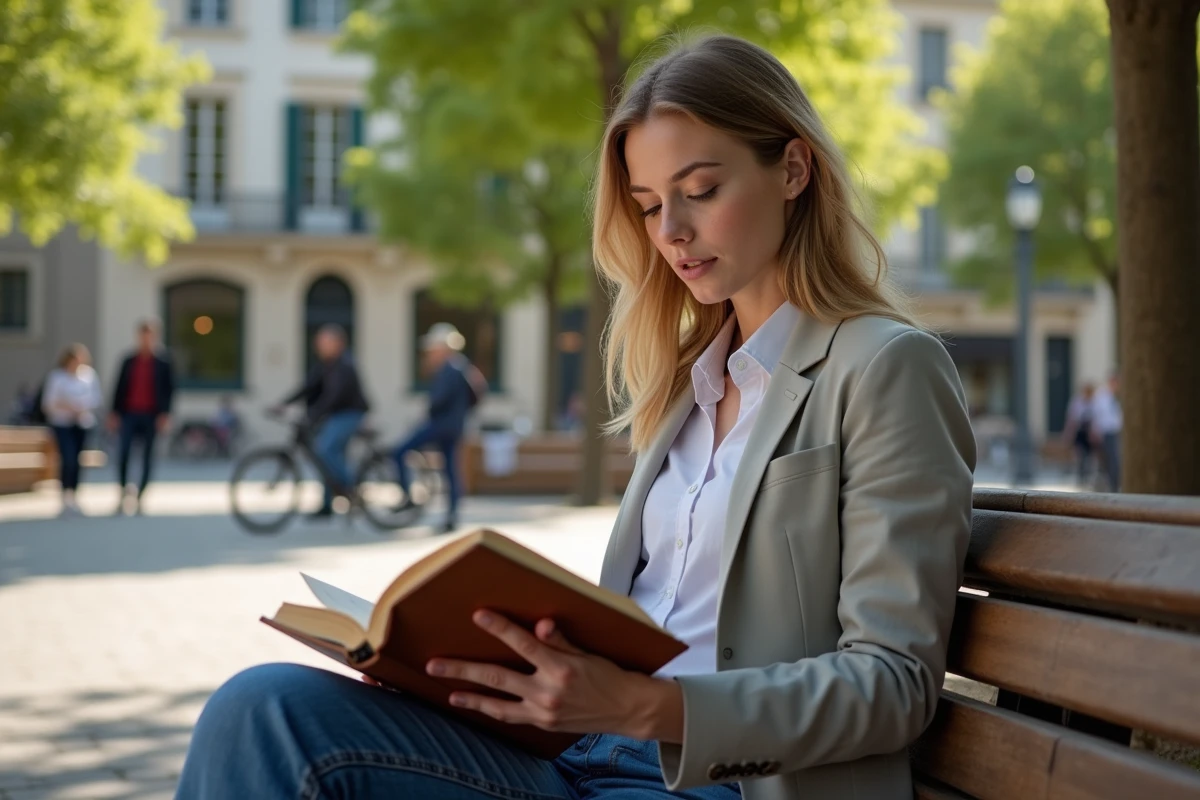 Jeune femme lisant un dictionnaire dans une place ensoleillee
