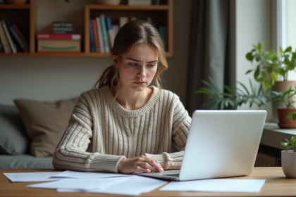 Jeune femme étudiante à son bureau avec documents et ordinateur
