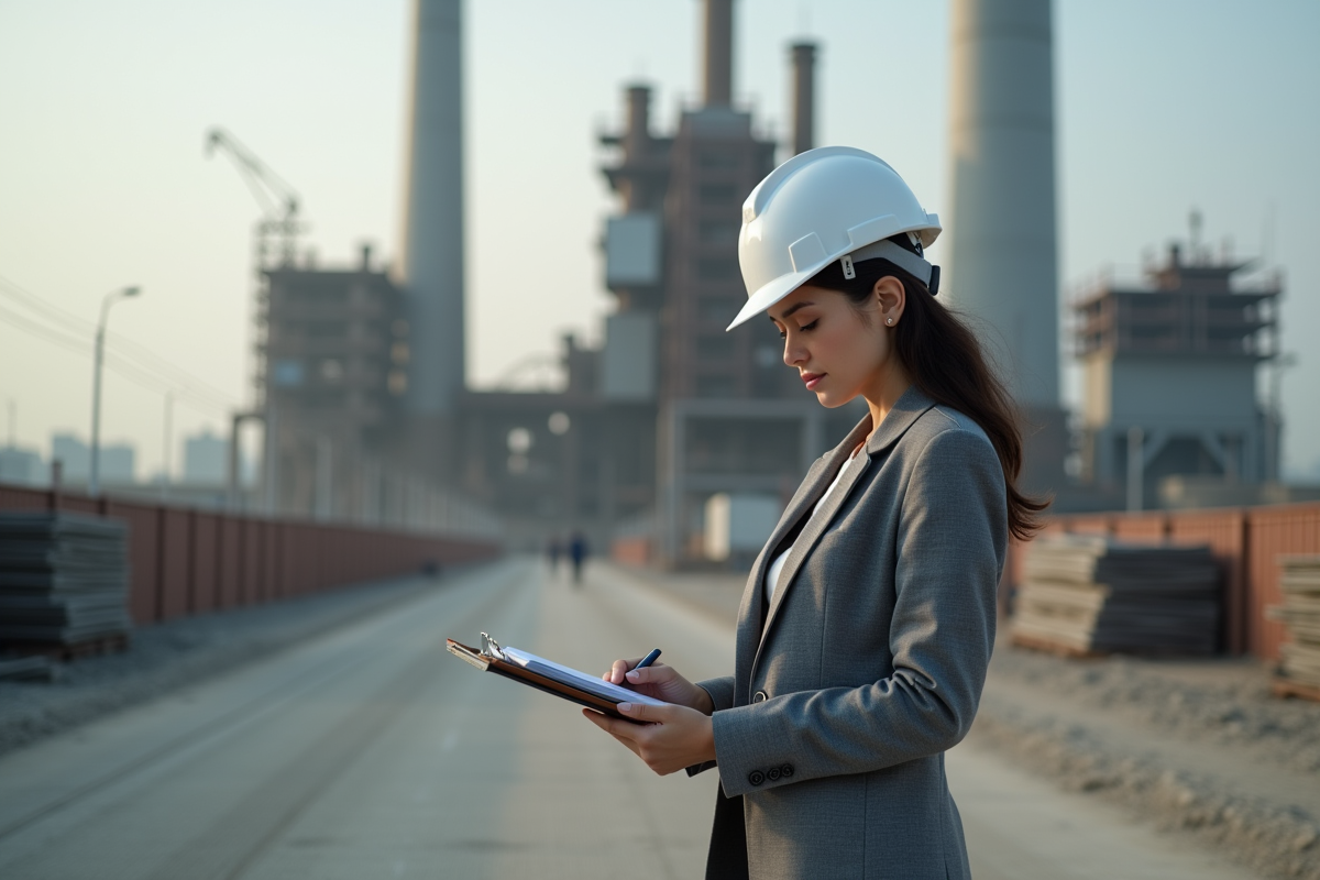 Jeune ingénieure en extérieur devant une usine en construction