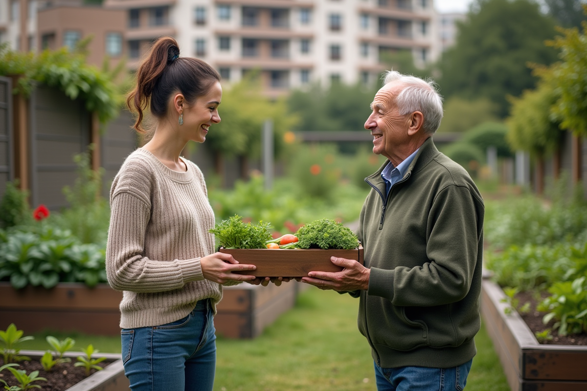 Jeune femme donnant des vegetables a un homme age dans un jardin communautaire