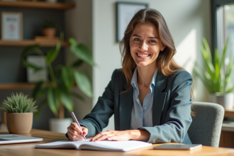 Jeune femme organisée écrivant dans un planner lumineux