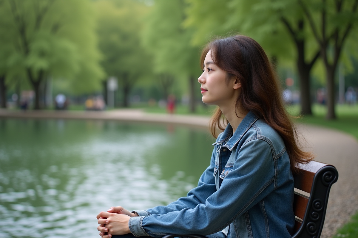 Jeune femme assise sur un banc dans un parc urbain