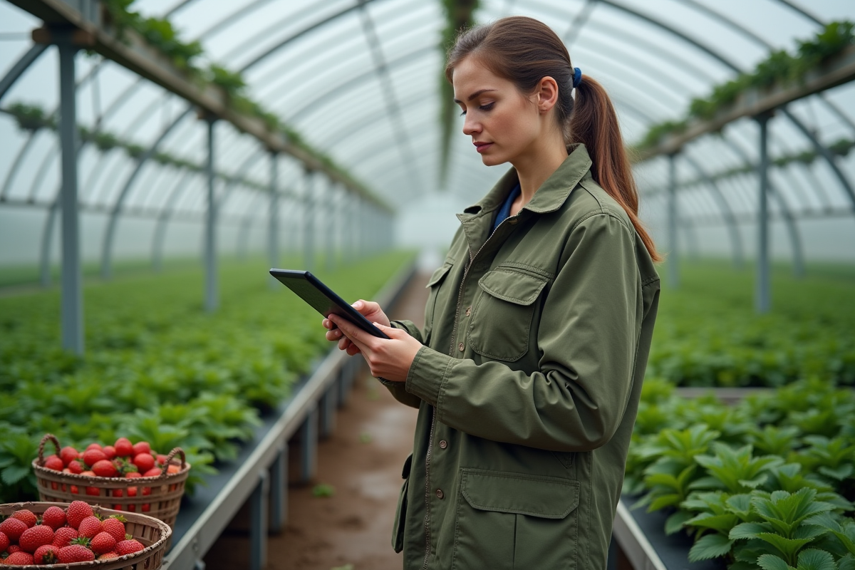 Jeune femme agricultrice avec tablette dans une serre de fraises