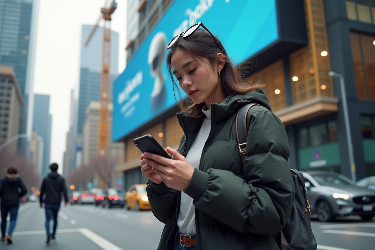 Jeune femme dans la rue vérifiant son smartphone