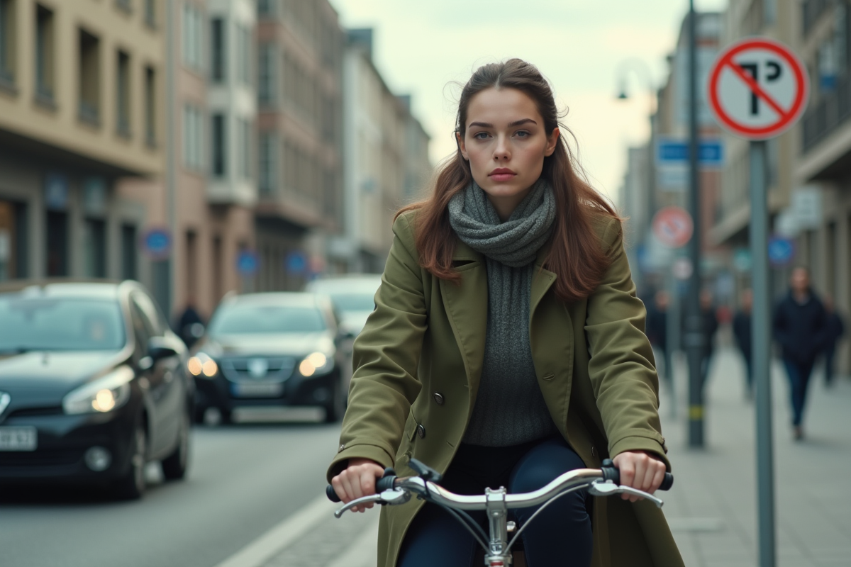 Jeune femme à vélo passant devant un panneau diesel en ville