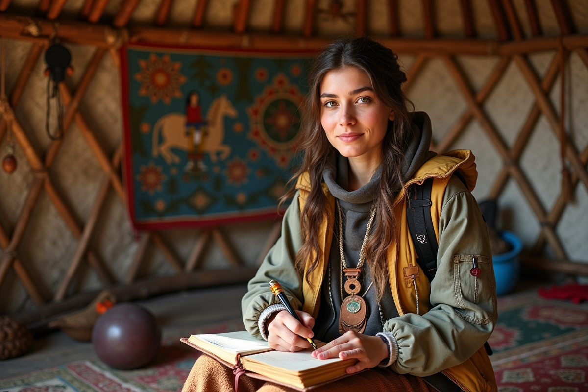 Jeune femme dans un yurt decoré de motifs spirituels