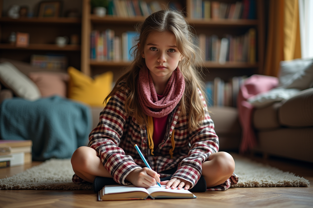 Jeune fille dessinant dans un salon chaleureux et coloré