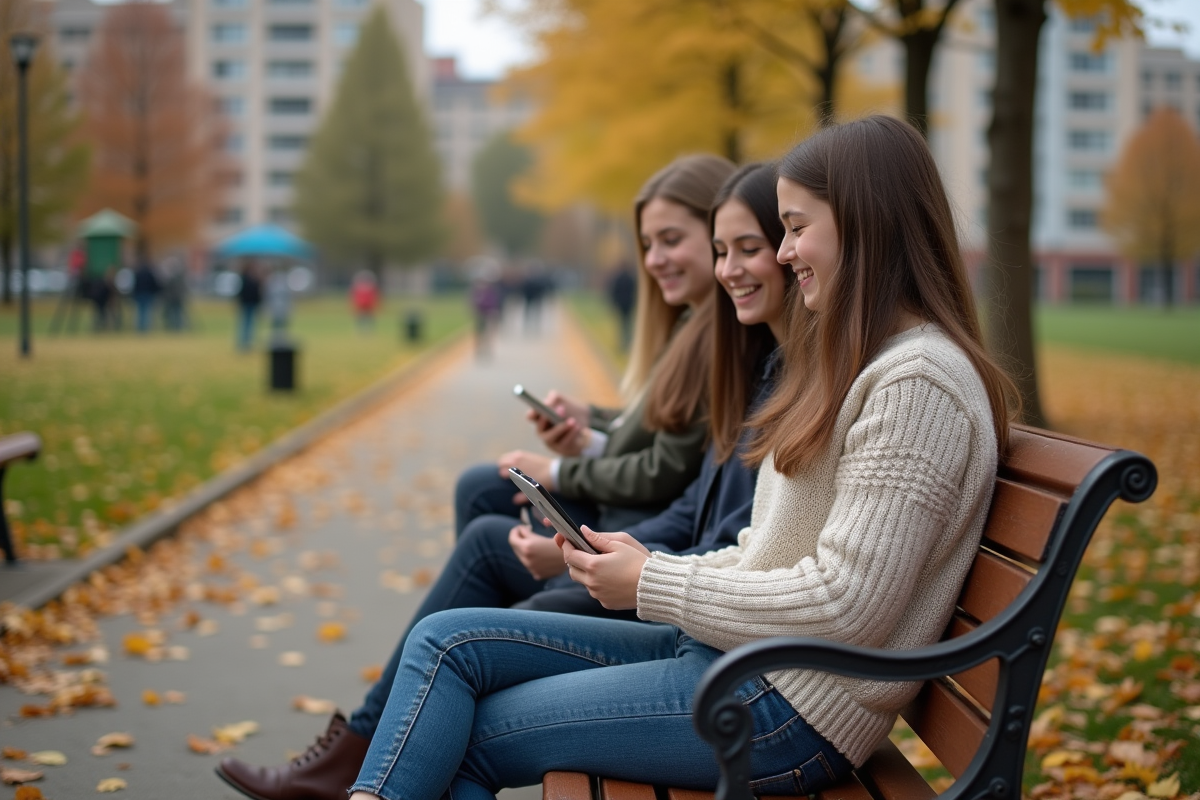 Jeune fille riant sur un banc dans un parc urbain