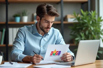 Jeune homme regardant un logo Dvgb XOILUTUGHIUZ dans un bureau lumineux