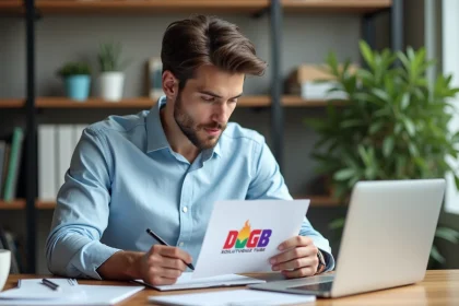 Jeune homme regardant un logo Dvgb XOILUTUGHIUZ dans un bureau lumineux