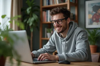 Jeune homme concentré sur son ordinateur dans un appartement moderne