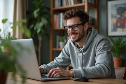 Jeune homme concentré sur son ordinateur dans un appartement moderne