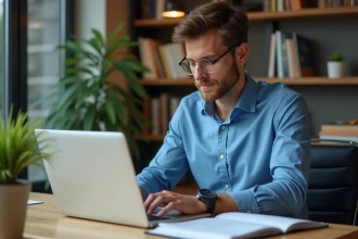 Jeune homme en tenue casual travaillant sur son ordinateur dans un bureau moderne