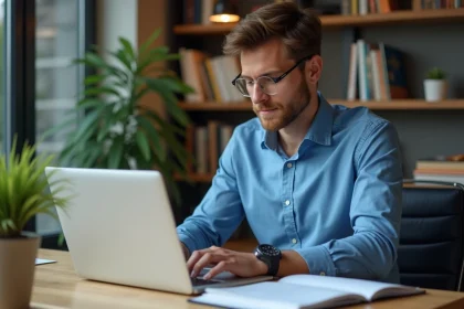 Jeune homme en tenue casual travaillant sur son ordinateur dans un bureau moderne