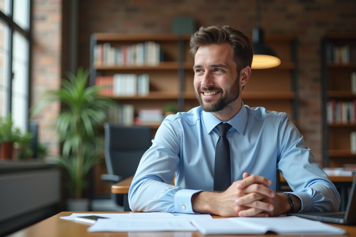 Jeune homme en réunion avec documents et ordinateur