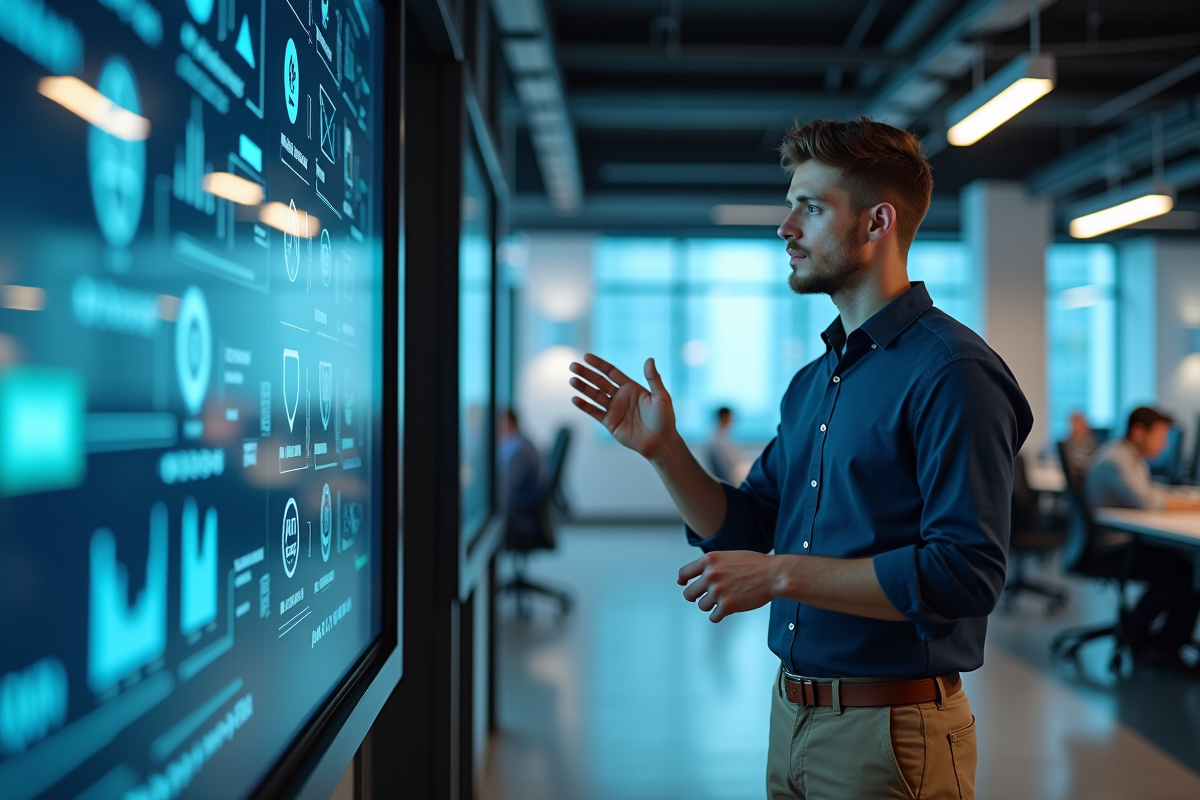 Jeune homme expliquant des données sur un grand écran interactif