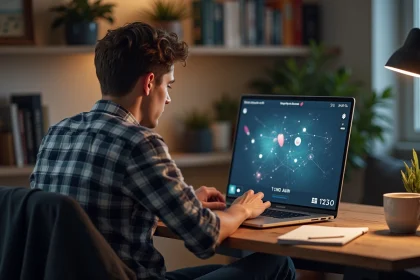Jeune homme concentré jouant à un jeu d'incremental sur son ordinateur