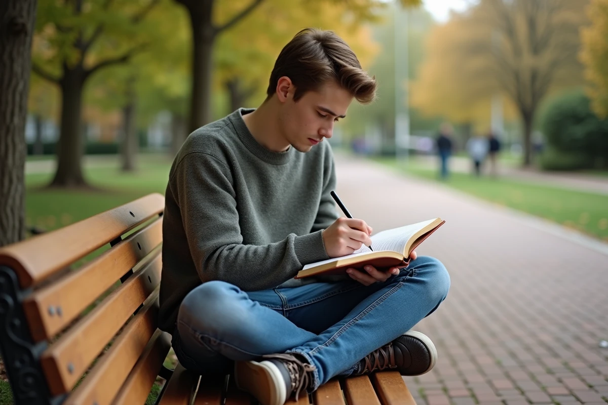 Jeune homme assis dans un parc écrivant dans un carnet en cuir