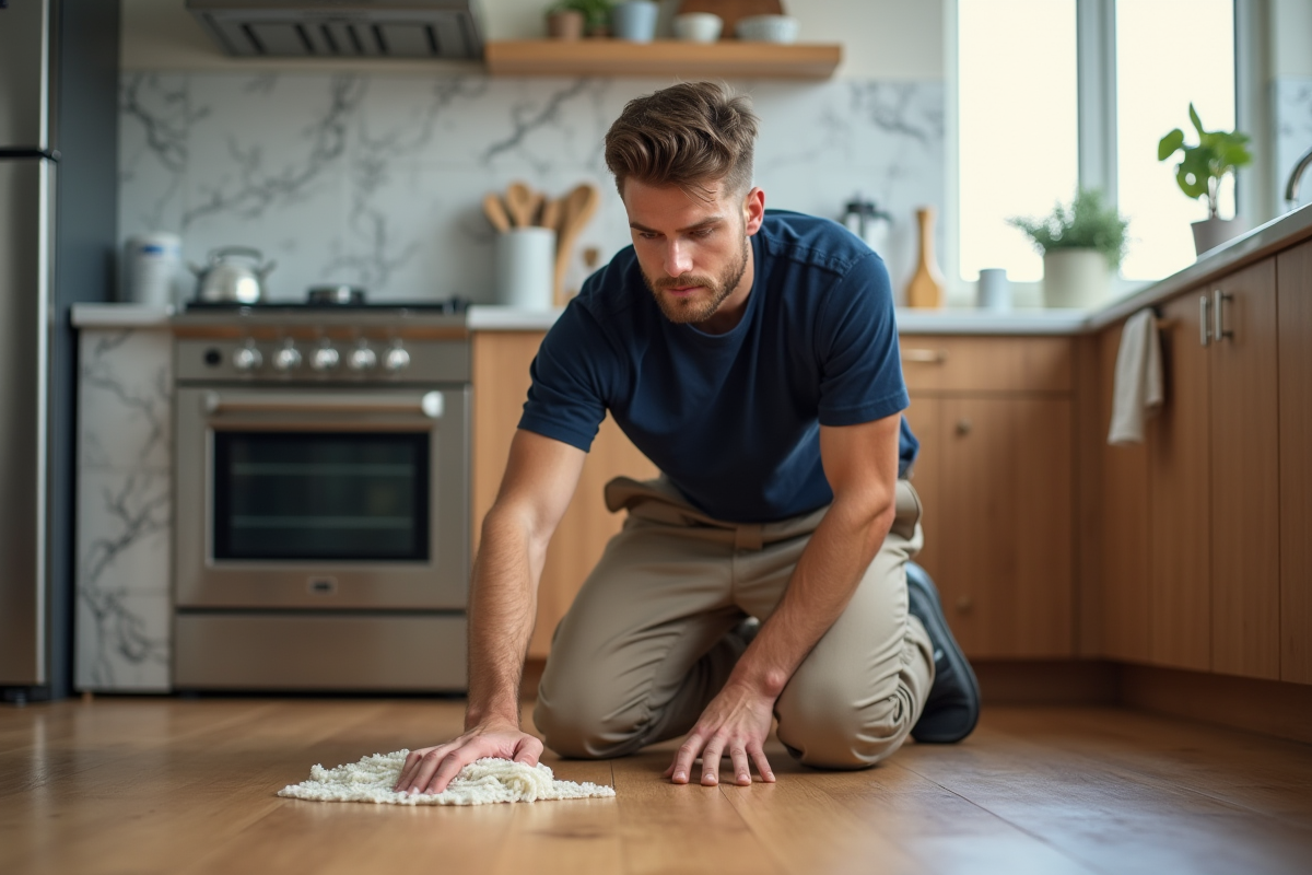 Jeune homme nettoyant le sol de la cuisine