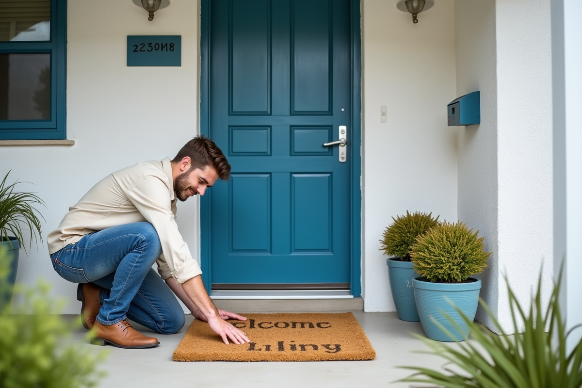 Jeune homme posant un tapis d