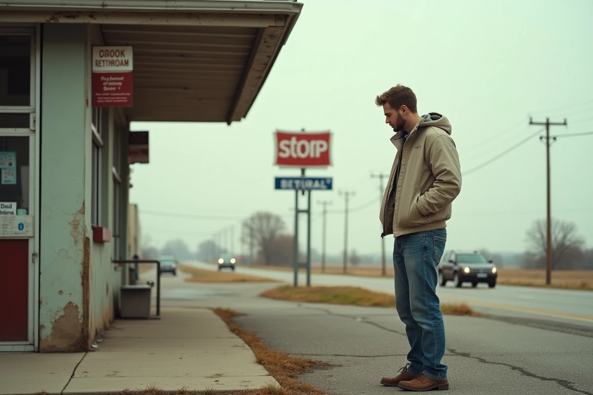Jeune homme hésitant devant une station essence ancienne à la campagne