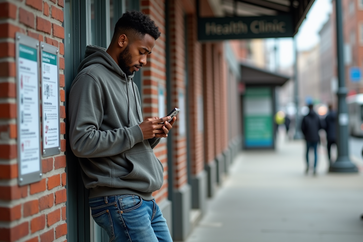 Jeune homme en hoodie regardant son téléphone devant une clinique
